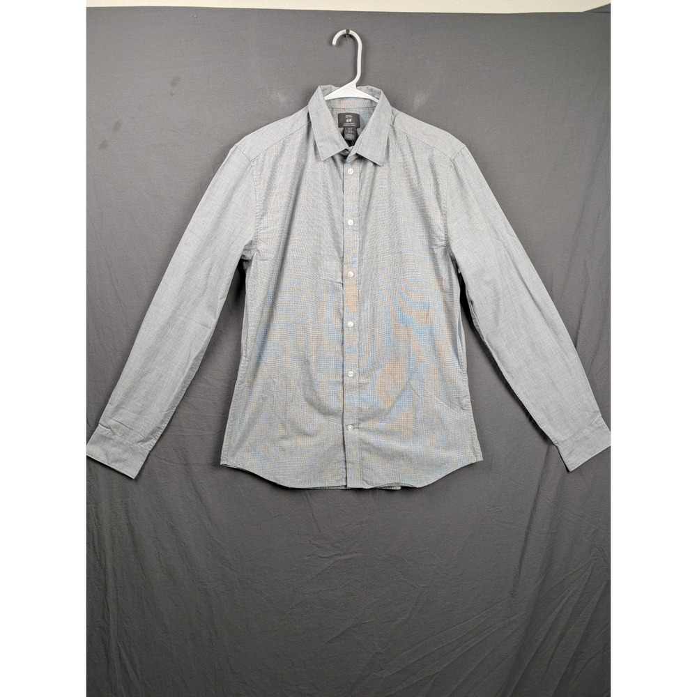 HM‎ Slim Fit Easy Iron Mens Gray Long Sleeve Button Up Shirt Size Medium